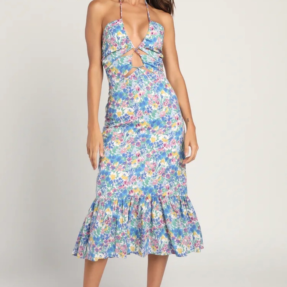 Lulus Stun the Scene Blue Multi Floral Drawstring Halter Midi Dress NWT